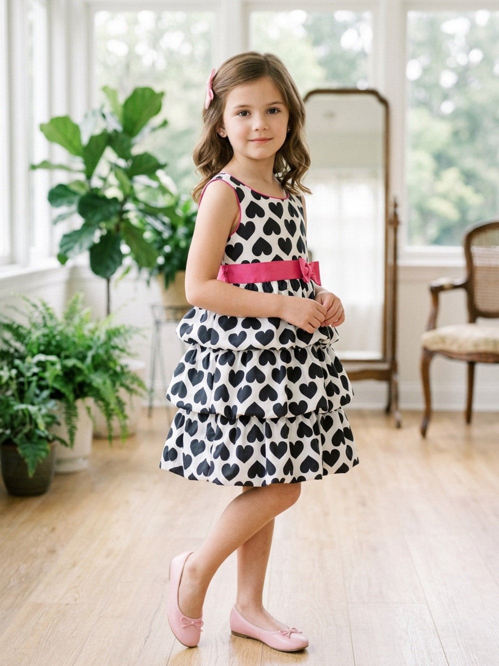 Girls Black Heart Tiered Dress with Pink Sash and Trim